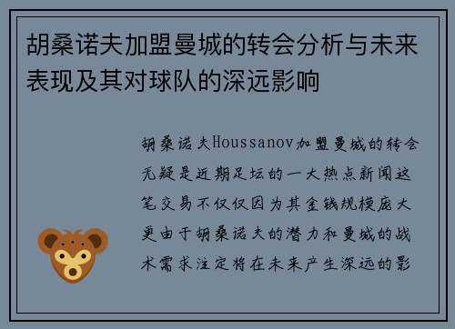 胡桑诺夫加盟曼城的转会分析与未来表现及其对球队的深远影响