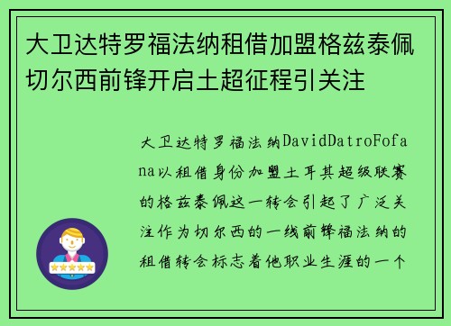 大卫达特罗福法纳租借加盟格兹泰佩切尔西前锋开启土超征程引关注