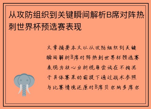 从攻防组织到关键瞬间解析B席对阵热刺世界杯预选赛表现