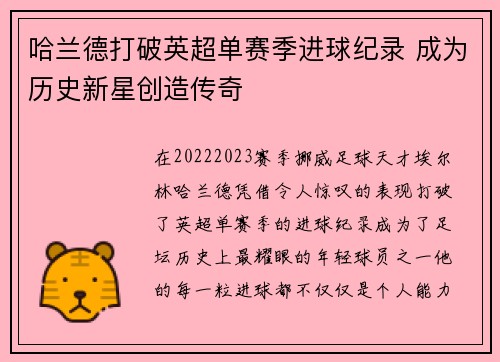 哈兰德打破英超单赛季进球纪录 成为历史新星创造传奇