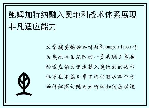 鲍姆加特纳融入奥地利战术体系展现非凡适应能力
