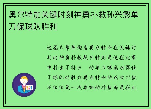 奥尔特加关键时刻神勇扑救孙兴慜单刀保球队胜利